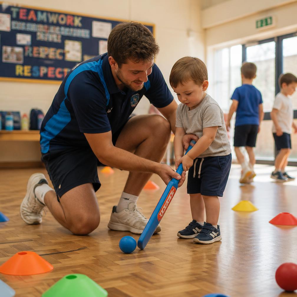 Coach kneeling to help a toddler hold a soft cricket bat