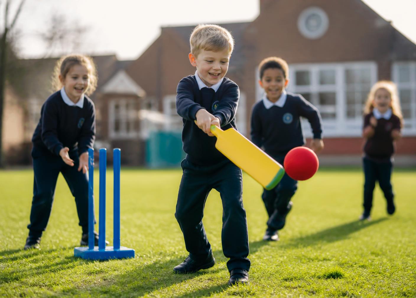 Toddlers laughing while playing cricket with a soft bat and ball on a school field